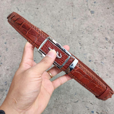 Nịt Da Cá Sấu Gai Liền Đan Viền Thủ Công N33ND1 (mặt bạc)