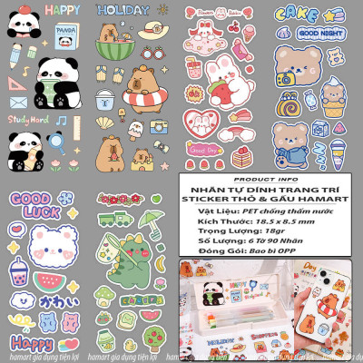 SET 6 Tờ 90 Nhãn Dán Sticker Thỏ Gấu Chuột PET Trong Suốt Cute Không Thấm Nước Trang Trí Dễ Thương
