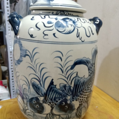 Hũ đựng rượu gạo gốm sứ Bát Tràng vẽ cá chép loại 15L