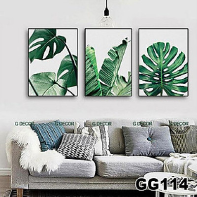 Tranh treo tường canvas 3 bức phong cách hiện đại Bắc Âu 114, tranh lá cây trang trí phòng khách, phòng ngủ, spa