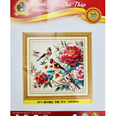 Tranh thêu kín chữ thập đôi chim và hoa mẫu đơn 3011, kích thước 50 x 50 cm