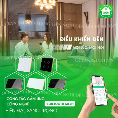 Công Tắc Cảm Ứng HUNONIC Luxury, Công Tắc Thông Minh Bluetooth Mesh Viền Vàng Hình Chữ Nhật - HNLUXC