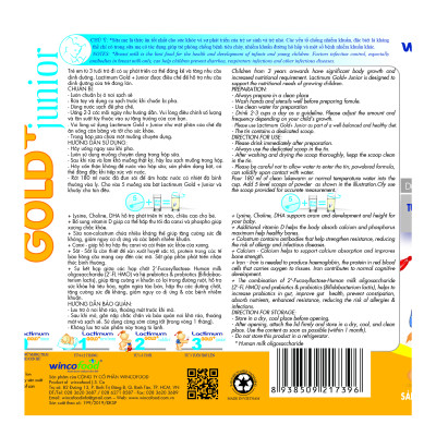 Dinh dưỡng công thức Lactimum GOLD+ junior LON 900: Dinh dưỡng dành cho trẻ từ 3 tuổi trở lên; với sự kết hợp prebiotics & probiotics cùng với (2’-FL HMO) giúp hỗ trợ hệ tiêu hóa, DHA và LUTEIN giúp phát triển trí não và chiều cao