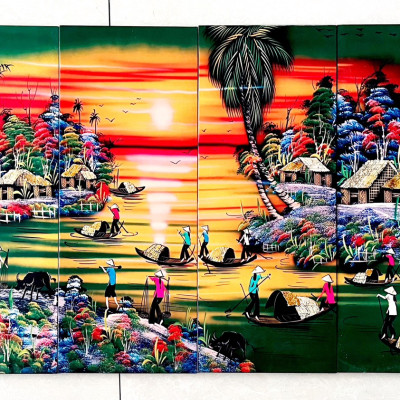 Bộ Tranh sơn mài 4 tấm - ĐỒNG QUÊ / PHỐ CỔ VIỆT NAM - Size 50x80 cm / 60x120 cm