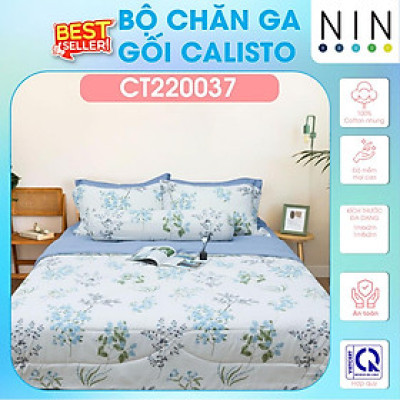 NEW ARRIVAL Bộ 5 món drap cotton, áo gối, mền chần NIN Calisto CT220037 1m6, 1m8 bọc nệm bo chun, cao cấp