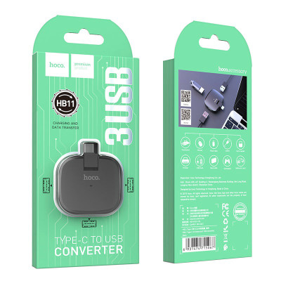 Đầu đọc OTG TypeC ra 3 cổng USB Hoco HB11 - hỗ trợ nhận 3 thiết bị cùng lúc (đen) Hàng Nhập Khẩu