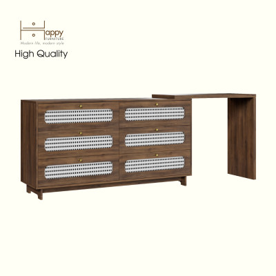 HAPPY FURNITURE , Tủ lưu trữ 6 ngăn kéo mây đan kết hợp bàn - VENNI , BAN_117 , 240cm x 45cm x 89cm DxRxC