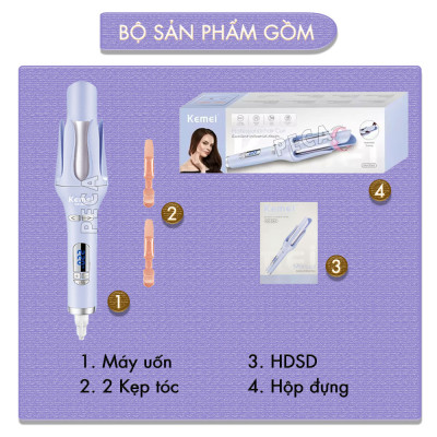 Máy uốn tóc xoay tự động Kemei KM-2063 điều chỉnh 12 mức nhiệt độ phù hợp với mọi loại tóc - Hàng chính hãng