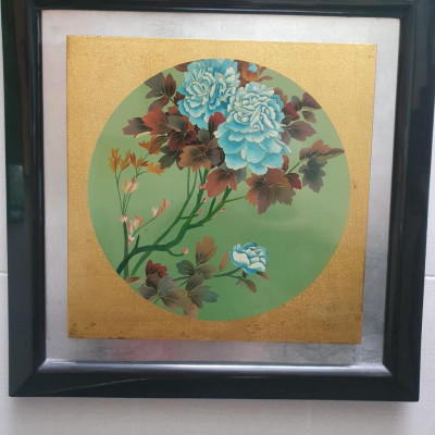 Tranh sơn mài hoa mẫu đơn cao cấp có khung sơn mài đẹp 57x57 cm