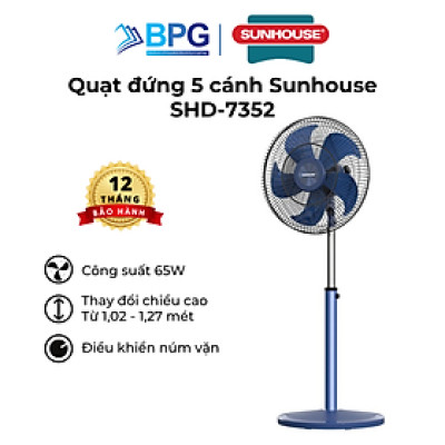 Quạt đứng 5 cánh 65W SUNHOUSE SHD-7352 động cơ đồng nguyên chất, gió mạnh, máy bền, vận hành êm ái, Hàng chính hãng