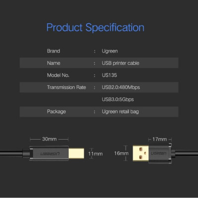 Ugreen UG20847US135TK 2M màu Đen Cáp USB 2.0 sang USB B máy in đầu mạ vàng - HÀNG CHÍNH HÃNG