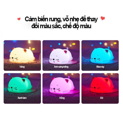 Đèn Ngủ Silicone Mèo Con Dễ Thương Có Điều Khiển Từ Xa LED RGB 16 Màu 