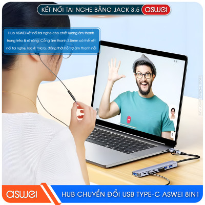 Hub Chuyển Đổi USB Type C ASWEI 8 in 1 - USB 3.0, SD, TF, USB C, Audio 3.5 Tốc Độ Cao - Hàng Chính Hãng