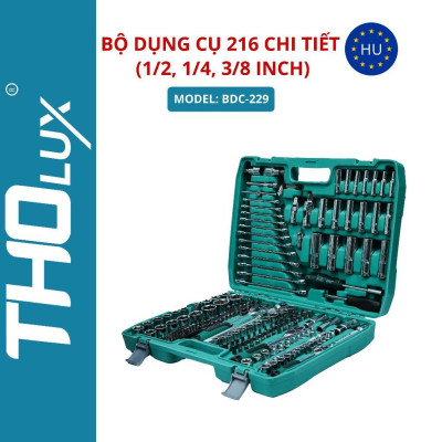 Bộ dụng cụ 216 chi tiết (1/2, 1/4, 3/8 inch) BDC-229 Tholux, các đầu tuýp, đầu vít, ổ lục giác, bộ chuyển đổi ba chiều