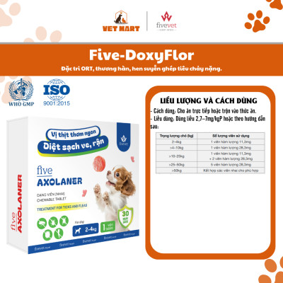 Five-Axolaner Hỗ Trợ Kiểm Soát Ve Rận, Bọ Chét, Ghẻ Demodex, Sarcoptes Cho Chó Sạch Khỏe, An Toàn
