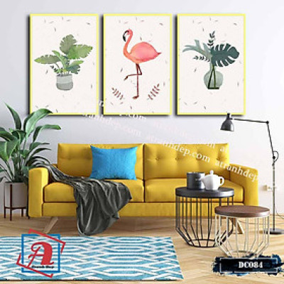 Bộ 3 tranh canvas treo tường Decor hoa lá, hồng hạc, phong cách hiện đại – DC084