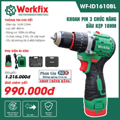Máy Khoan Dùng Pin WORKFIX 16,8V - Đầu Kẹp Autolook 10mm Pin 4 Cell bảo hành chính hãƞg
