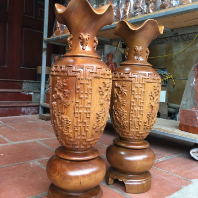 Cặp lục bình trạm khắc tứ quý ,phong thủy hút tài lộc .bằng gỗ bách xanh kt cao 50×14,5cm