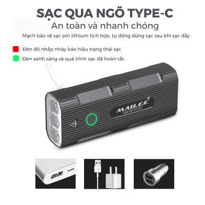 Đèn Trước Xe Đạp Chiếu Sáng Cao Cấp Chống Nước P-023 dung lượng 5200mAh Gắn tay lái, sạc Type-C, sáng max 10h, Có Hỗ trợ Sạc Khẩn Cấp - Mai Lee