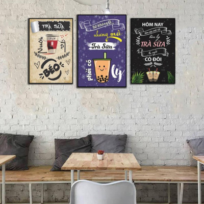 Tranh treo tường quán trà sữa độc đáo, bộ tranh ghép treo tường, tranh hiện đại treo tường