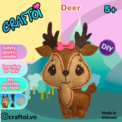 KIM NHỰA Bộ Thủ Công Trẻ Tự Làm Thú Bông 5+ DEER DAISY BOW Craftoi Felt Sewing toy prepunched holes plastic needle