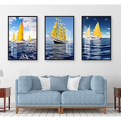 Tranh bộ 3 Bức - Tranh treo phòng khách-Tranh treo tường Thuận Buồm Xuôi Gió TB 38517  /Gỗ MDF cao cấp phủ kim sa/ Chống ẩm mốc, mối mọt/Bo viền góc tròn