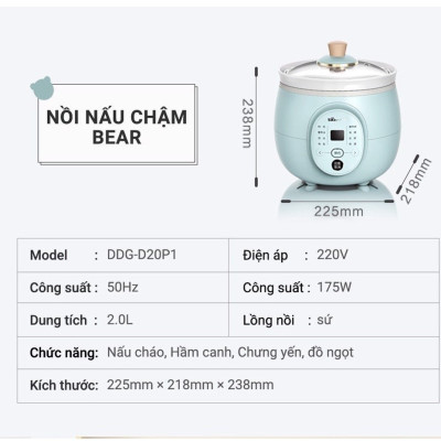 Nồi nấu chậm Bear DDG-D20P1 2L (175W) - Hàng chính hãng