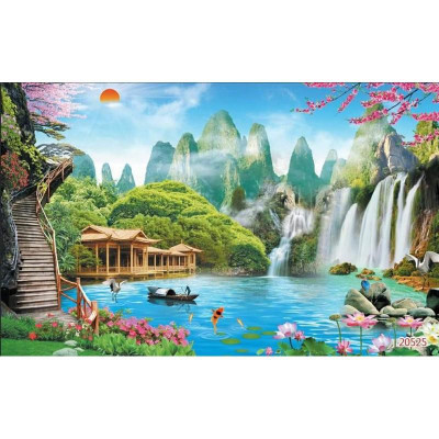 Tranh dán tường 3D sơn thủy hữu tình , phong cảnh, thác nước nhận in theo kích thước yêu cầu