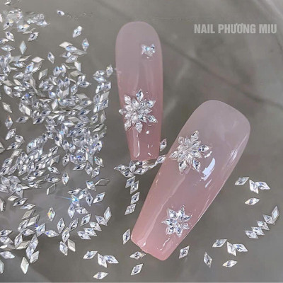 Đá Khối Diamond Chân Bằng Hình Thoi Gắn Móng Siêu Sáng, Set 100 Viên Charm Làm Nail Size Mini Màu Trắng Thủy Tinh Lấp Lánh