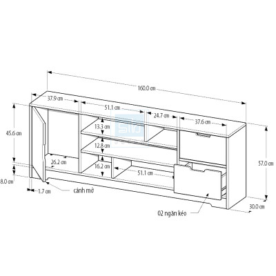 Kệ Để Tivi Phòng Khách, Phòng Ngủ Hiện Đại SIB DECOR 2 Ngăn Kéo 1 Cánh Tủ TV02