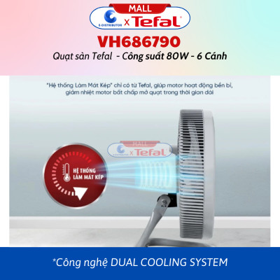 Quạt đứng Tefal 6 cánh VH689690 (Có REMOTE Điều Khiển từ xa) Công Suất 80W - Quạt sàn Tefal 6 cánh VH686790 công suất 80W - Hàng Chính Hãng - Bảo Hành 12 Tháng