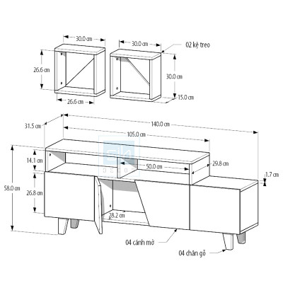 Kệ Tivi Phòng Khách Hiện Đại Màu Trắng Phối Vân Gỗ Sồi, Kèm 02 Kệ Ô Vuông Trang Trí SIB Decor TV14