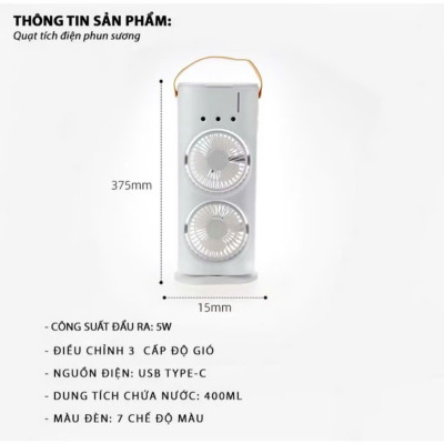 Quạt Điều Hoà 2 Cánh Gió Tạo Độ Ẩm, Phun Sương Làm Mát, Tích Điện 4000mAh, Đèn Ngủ Đa Sắc - HÀNG CHÍNH HÃNG MINIIN