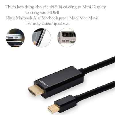 Ugreen UG10450MD101TK 1.5M màu Đen Cáp chuyển đổi Mini DP sang HDMI hỗ trợ phân phải 1080P - HÀNG CHÍNH HÃNG