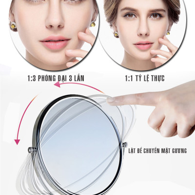 Gương trang điểm phóng đại 3 lần, xoay 360 độ, 2 mặt siêu nét, treo tường phòng tắm, phòng ngủ, Khách sạn, resort, Inox SUS 304, Size 15cm, 18cm, 20cm, Minh House