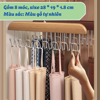 Móc treo đồ đa năng, móc gỗ 8 móc treo đồ lót, khăn, thắt lưng, cà vạt, áo 2 dây xoay 360 độ tiện dụng