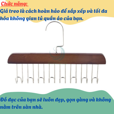 Móc treo đồ đa năng, móc gỗ 8 móc treo đồ lót, khăn, thắt lưng, cà vạt, áo 2 dây xoay 360 độ tiện dụng