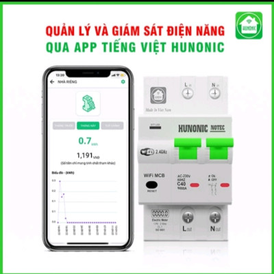 Aptomat 63A/220V Đo Năng Lượng Hunonic Notec Theo Dõi Lượng Điện Tiêu Thụ Điều Khiển Từ Xa Qua Wifi
