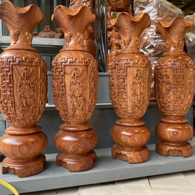 Cặp lục bình trạm khắc tứ quý bốn mùa, phong thủy hút tài lộc bằng gỗ hương đá kt cao 30×10cm