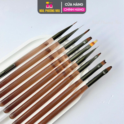 Bộ Set Cọ 9 Cây Làm 10 Đầu Làm Nail, Màu Nâu, Cọ Bản, Cọ Fen, Cọ vẽ Omber, Cọ Nét, Cọ Đắp Gel Cho Thợ Làm Nail Tiện Lợi
