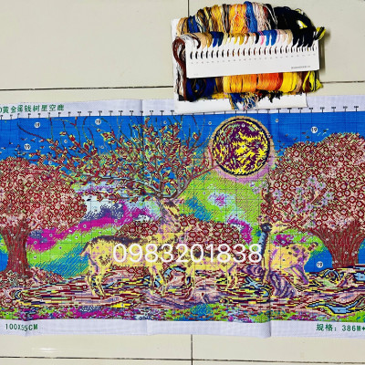 Tranh thêu chữ thập, tranh thêu kín Hươu tài lộc E90, kích thước 100 x 55 cm