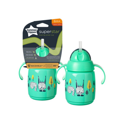 Bình Tập Uống Nước Có Ống Hút Đáy Nặng Kháng Khuẩn Chống Tràn Cho Bé Tommee Tippee Superstar 300ml, Từ 6 Tháng - Xanh Lá