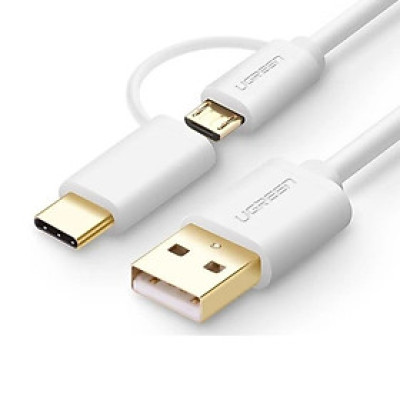 Ugreen 30170 0.5M màu trắng Cáp USB-A sang Micro USB + USB-C cao cấp US142 - Hàng chính hãng
