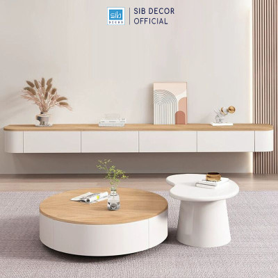 Kệ Tivi Treo Tường Bo Cong Màu Trắng Oak Dài 160/180/200/220cm Hiện Đại SIB Decor TV171