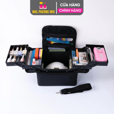 Cốp Vải To Đựng Đồ Làm Nail Đa Năng 2 Tầng 4 Khay Nhựa Chắc Chắn, Túi Vải Canvas 43x23x21cm Dày Dặn 2 Khóa Chống Nước Có Quai Đeo Và Tay Xách