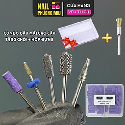 Combo 5 Đầu Mài Titan Cao Cấp Tặng Chổi, Tặng Hộp Đựng Đầu Mài, Kèm 50 Nhám Tím Mini 120/240 Làm Nail PHƯƠNG MIU, Đầu Mài Mịn