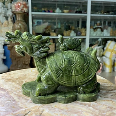 Cụ Long Quy (Rùa Đầu Rồng) Cõng Rùa Con Đá Ngọc Ấn Độ - cao 12cm, ngang 18cm