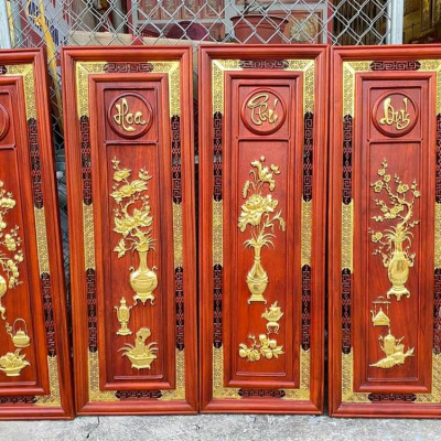 Tranh đông bích tứ quý bốn mùa ,xuân hạ ,thu đông ,trong năm bằng gỗ hương đỏ kt 37×107×3cm 