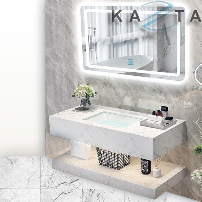 COMBO Thiết Bị Nhà Tắm Cao Cấp KAZTA KZ-CBT15VĐ: Bồn cầu 1 khối viền vàng, Sen tắm chỉnh nhiệt, Gương đèn, Lavabo Bàn Đá 2 Tầng, Vòi và phụ kiện