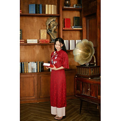 Áo dài suông đỏ đô kết hoa và chim ( SIZE M )